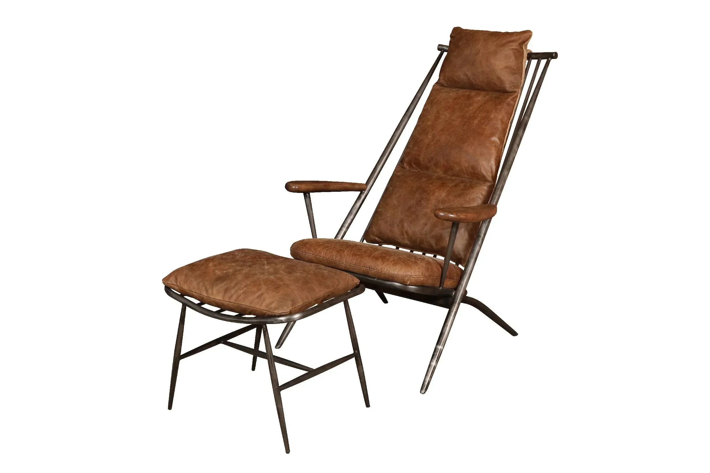 Brown leather lounge chair with matching footstool and metal frame