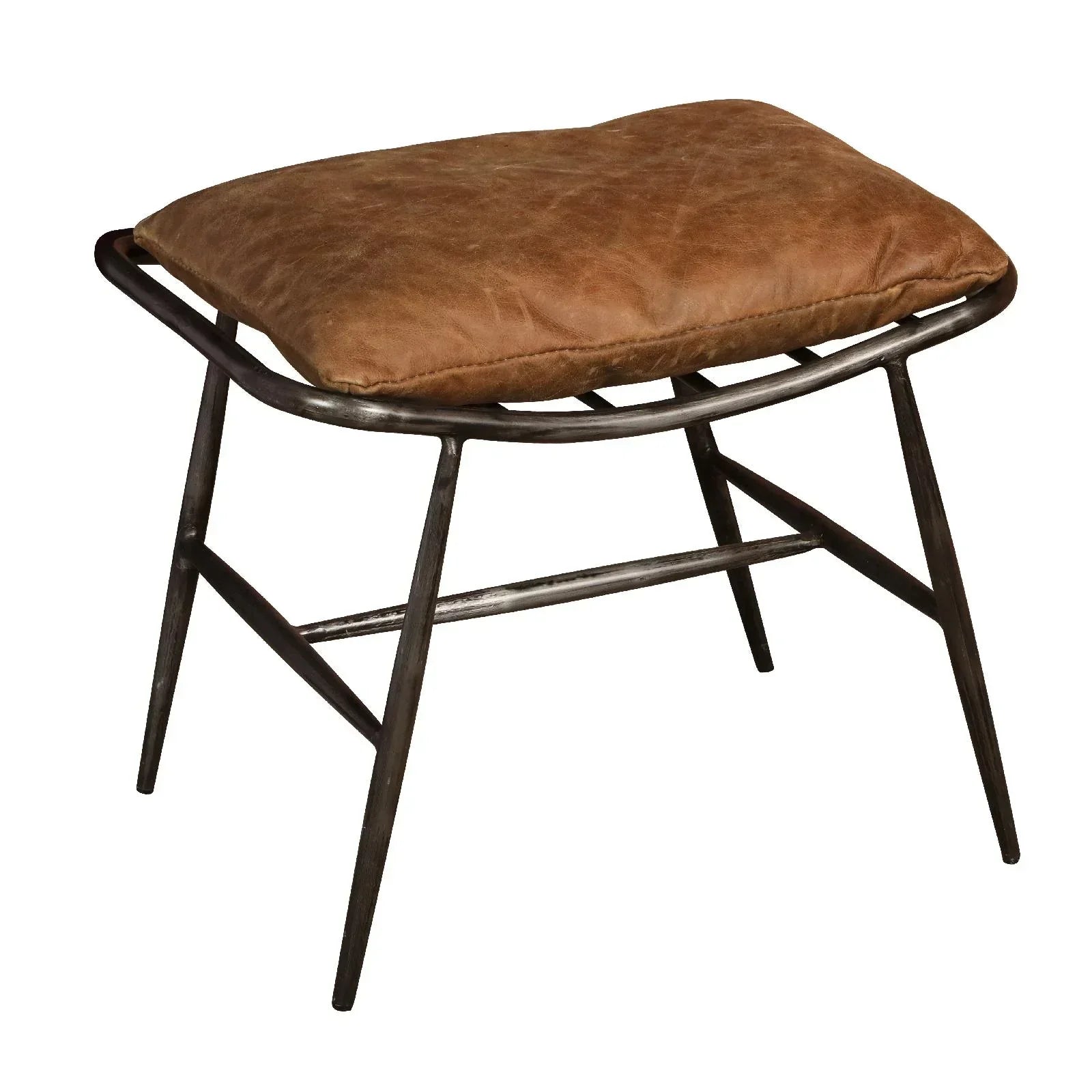 Brown leather footstool with metal frame and padded cushion, side angle view