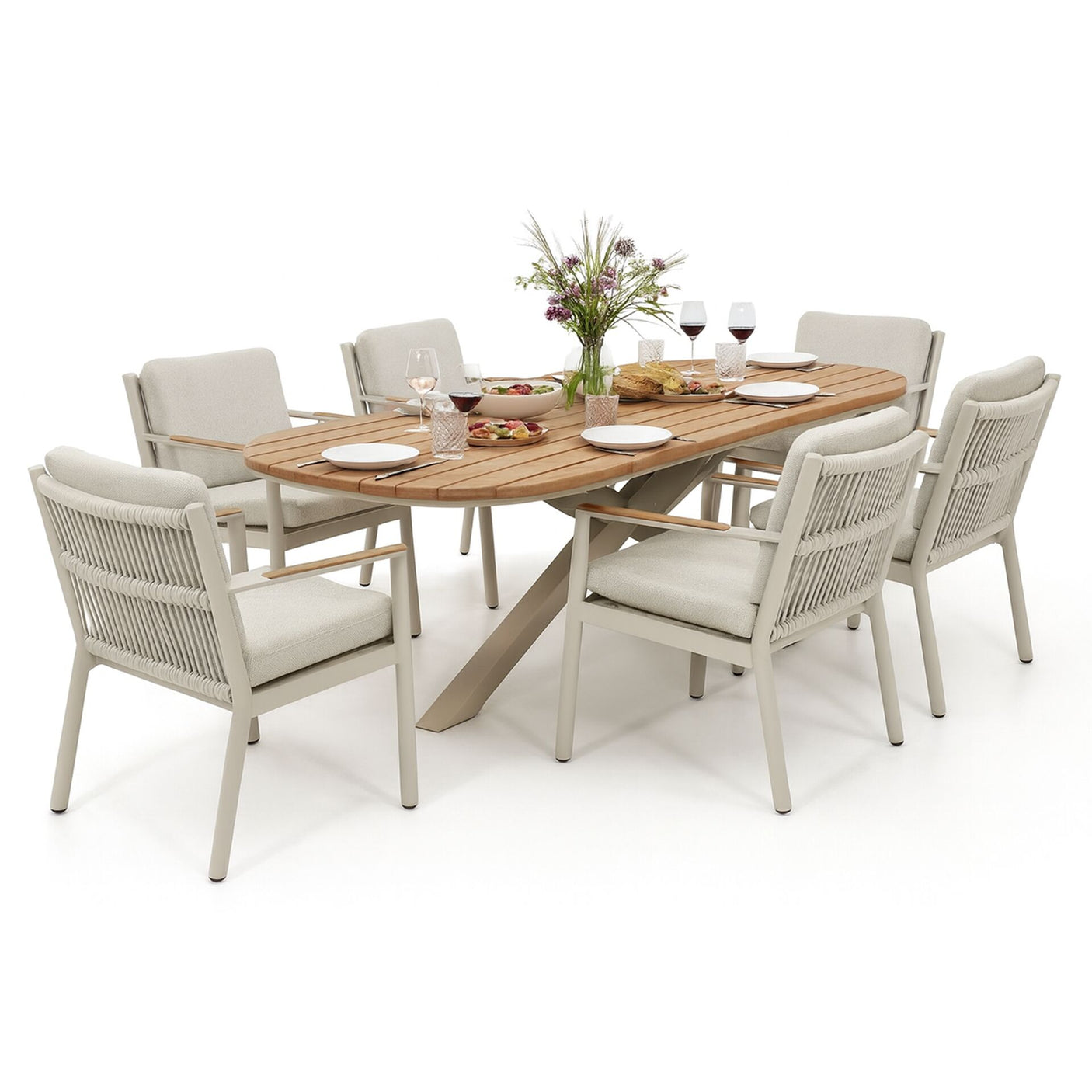 Sicily 6 Seat Rectangular Dining Set and Sicily Dining Chairs with Teak Arms
