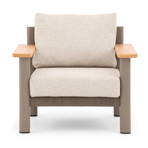 Beige armchair with fabric cushions, taupe frame and wooden armrests, front view