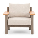 Beige armchair with fabric cushions, taupe frame and wooden armrests, front view