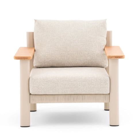 Beige fabric armchair with wooden armrests and metal legs, front view