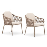 Pair of beige garden armchairs with woven rope sides and neutral seat cushions