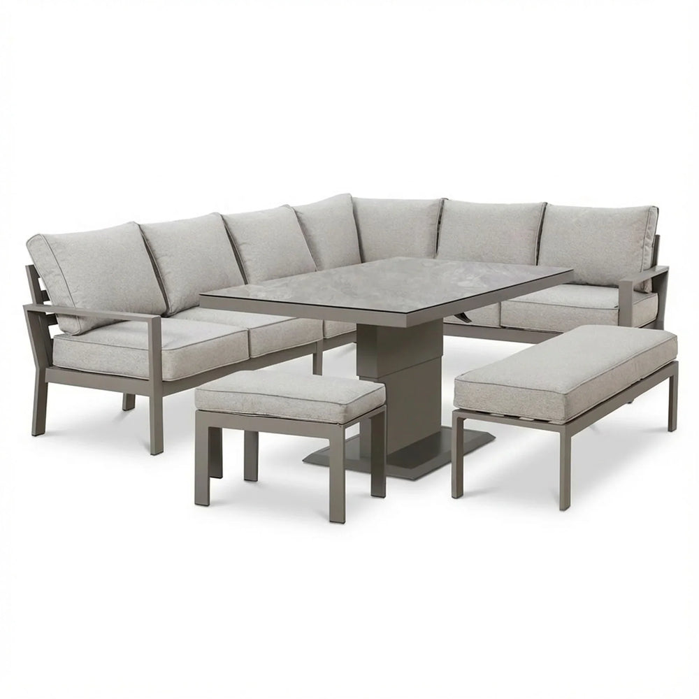 Grey corner sofa set with cushions, matching dining table, bench and stool