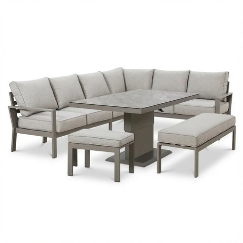 Grey corner sofa set with cushions, matching dining table, bench and stool