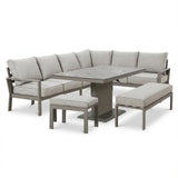 Grey corner sofa set with cushions, matching dining table, bench and stool
