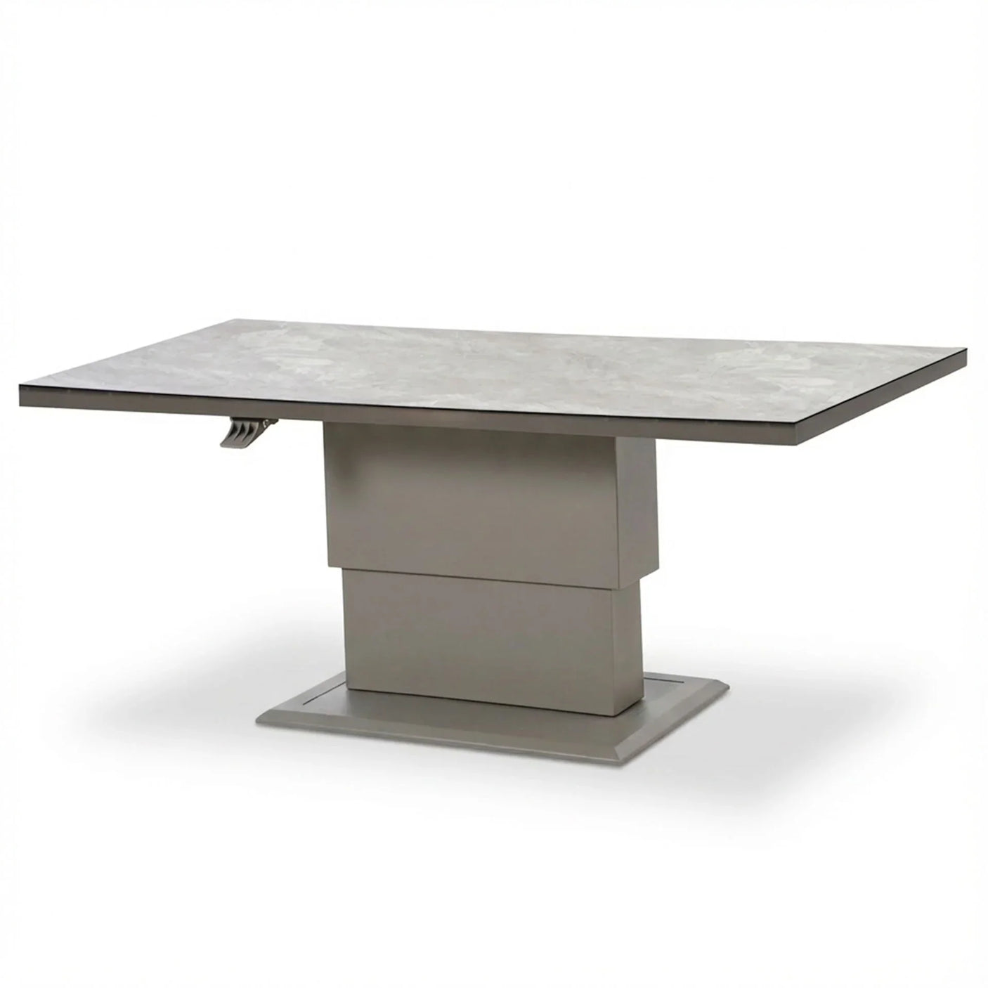 Rectangular grey ceramic dining table with pedestal base and extendable top