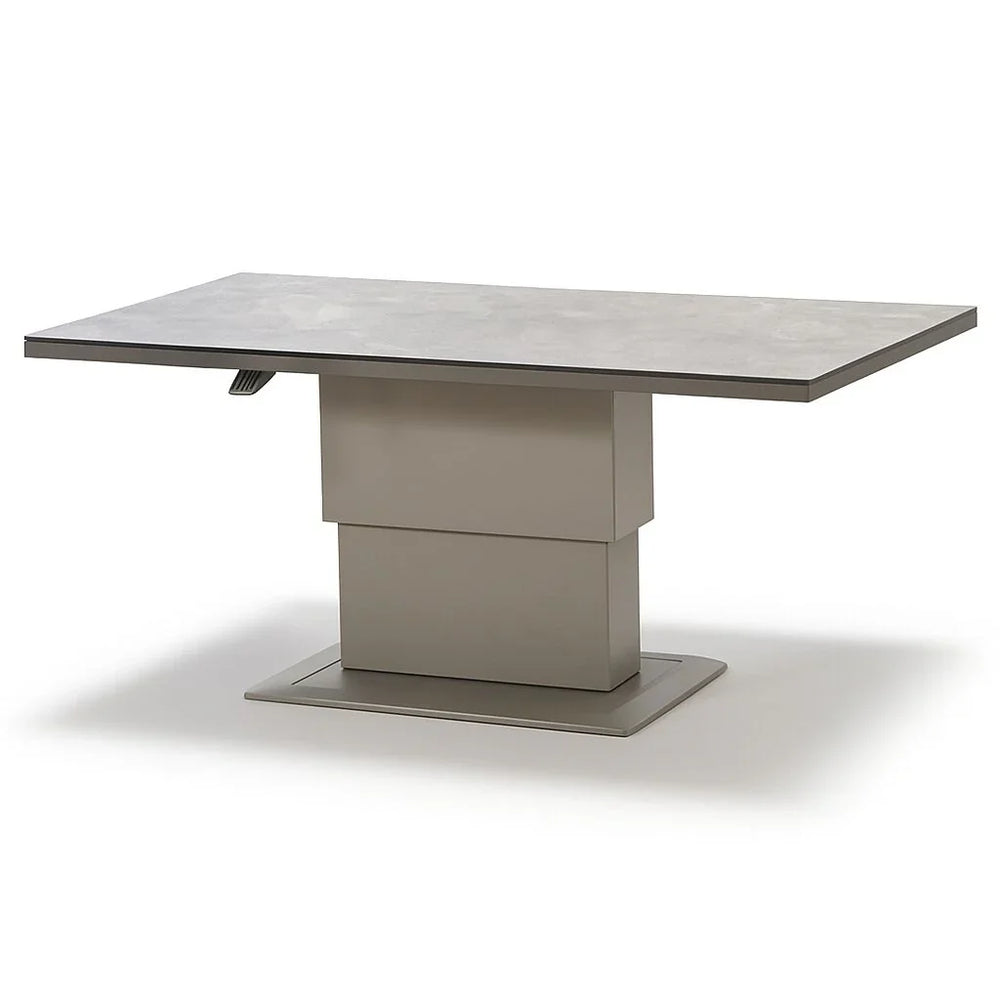 rectangular stone effect dining table with central pedestal base and modern finish