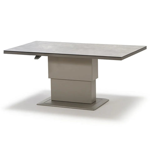 rectangular stone effect dining table with central pedestal base and modern finish