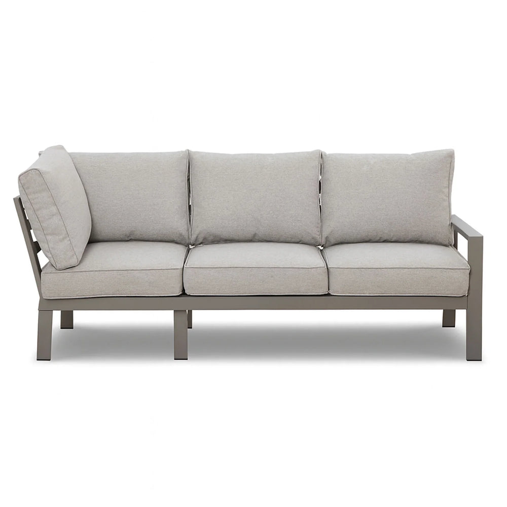 Light grey outdoor sofa with metal frame and thick cushions, front view