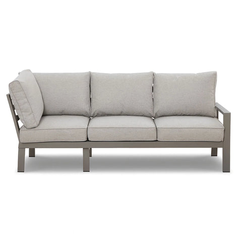 Light grey outdoor sofa with metal frame and thick cushions, front view