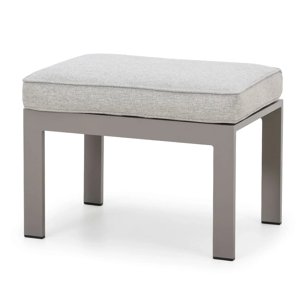 Modern grey ottoman with metal frame and light fabric cushion
