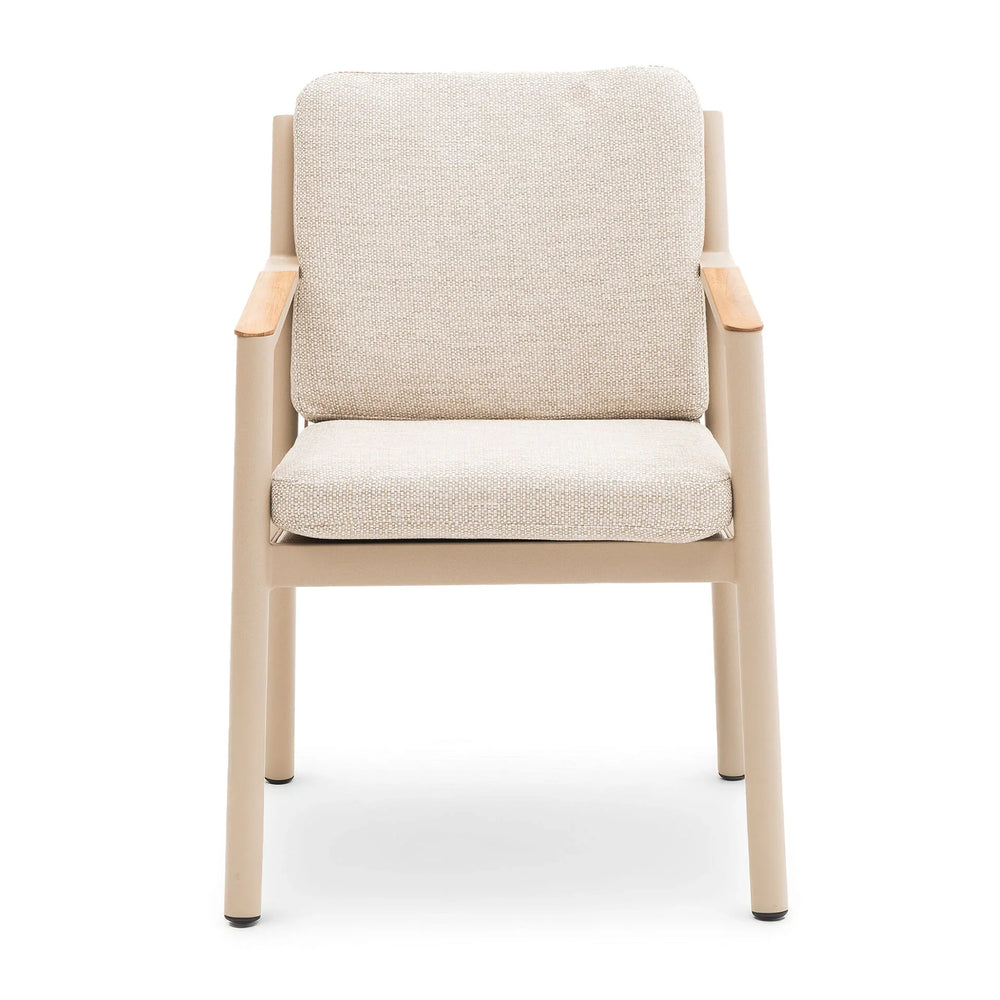 Beige upholstered dining chair with cushioned seat and wooden armrests, front view