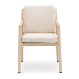Beige upholstered dining chair with cushioned seat and wooden armrests, front view