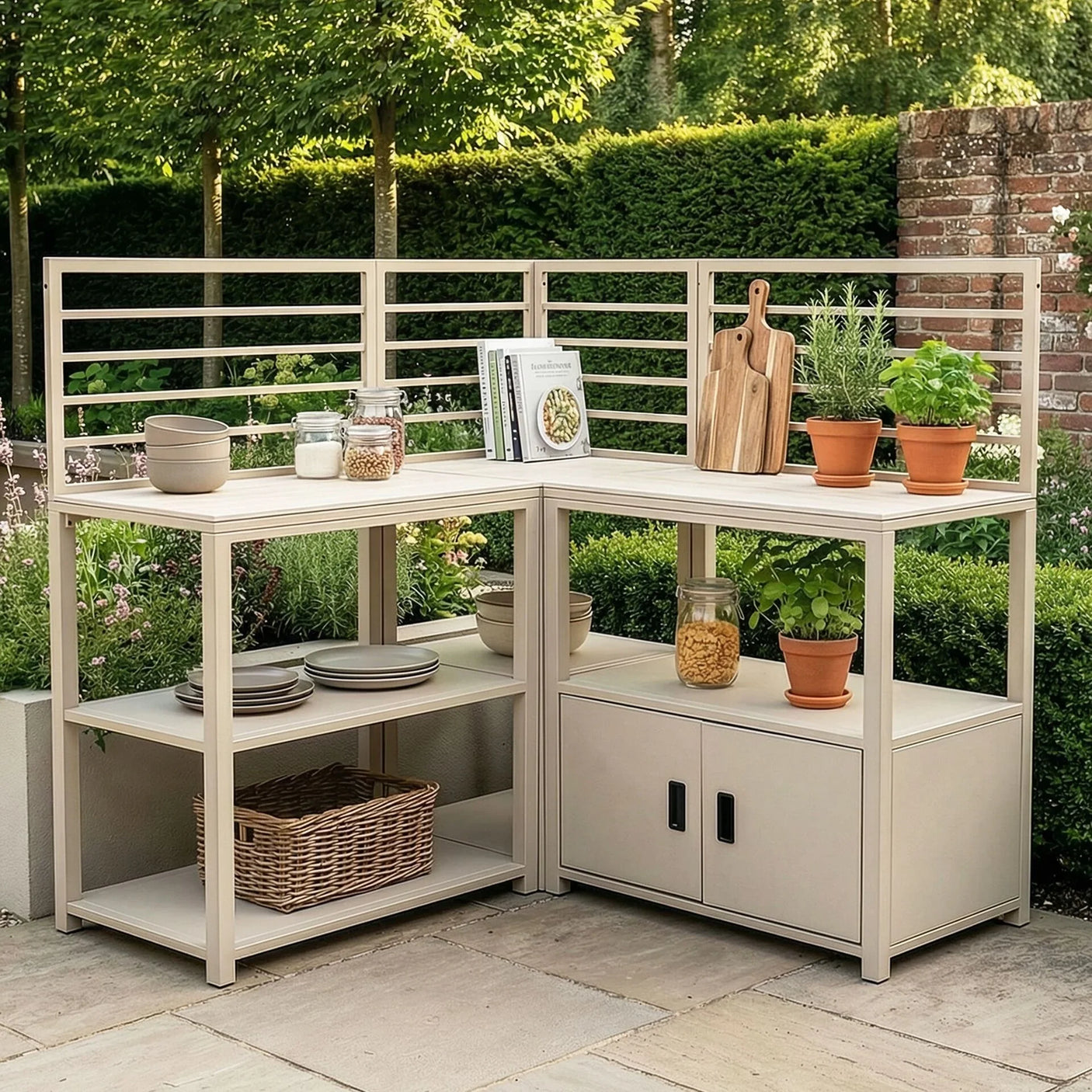 Beige outdoor garden kitchen unit with shelving, potted herbs, storage cupboard, and utensils