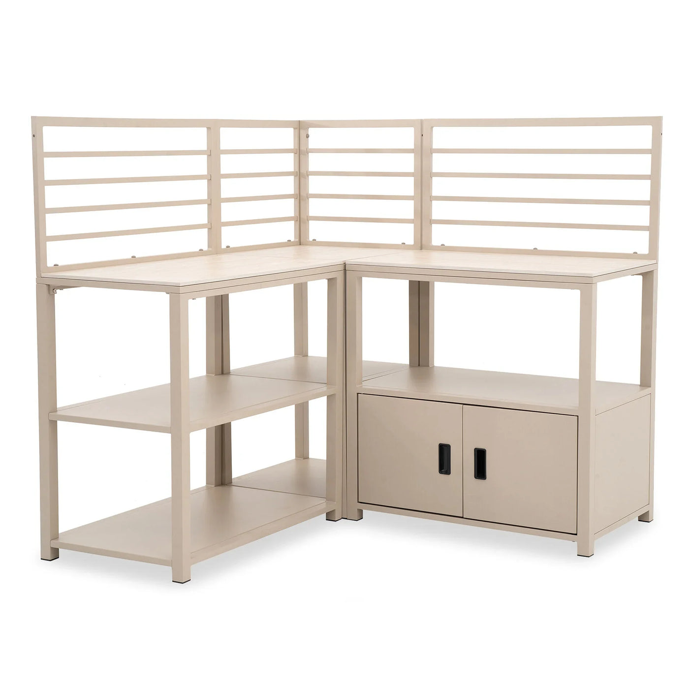 Beige corner desk with shelves, slatted back panels, and cabinet storage