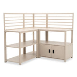 Beige corner desk with shelves, slatted back panels, and cabinet storage
