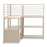 Corner desk with storage shelves and slatted back in light wood finish