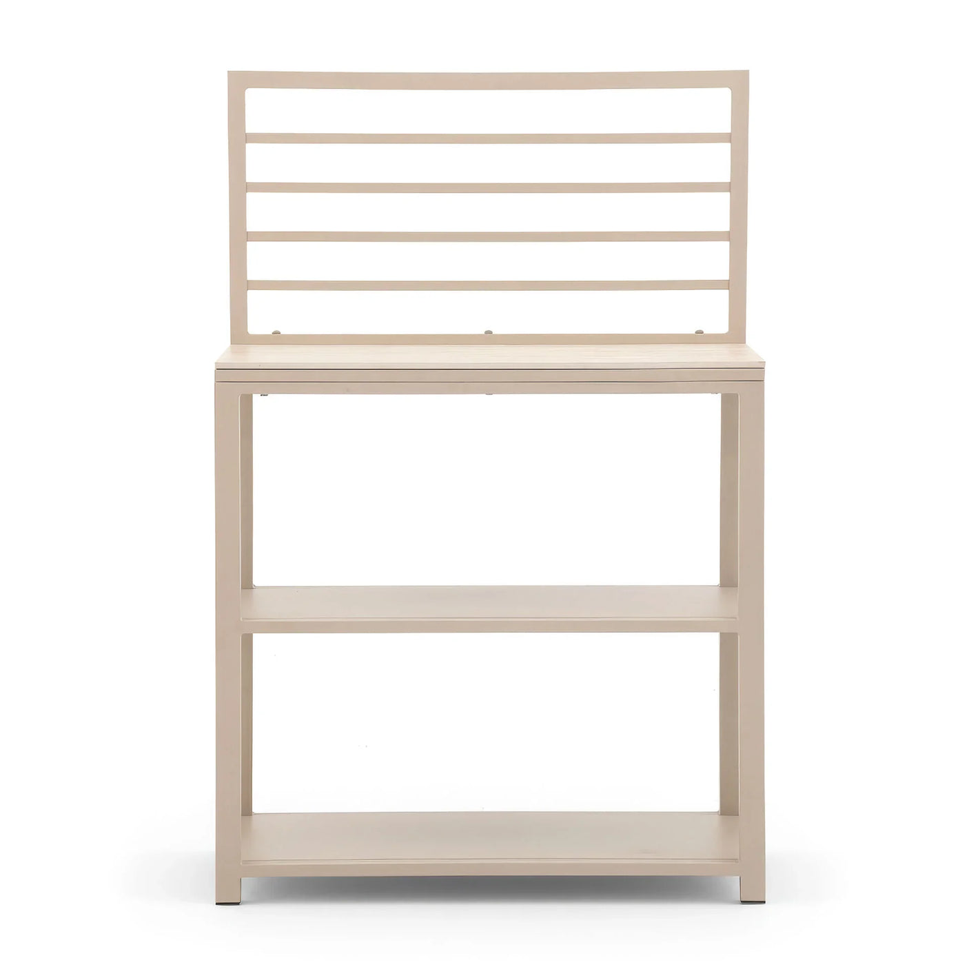 Cream wood shelving unit with open back and two lower shelves, front view