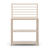 Cream wood shelving unit with open back and two lower shelves, front view