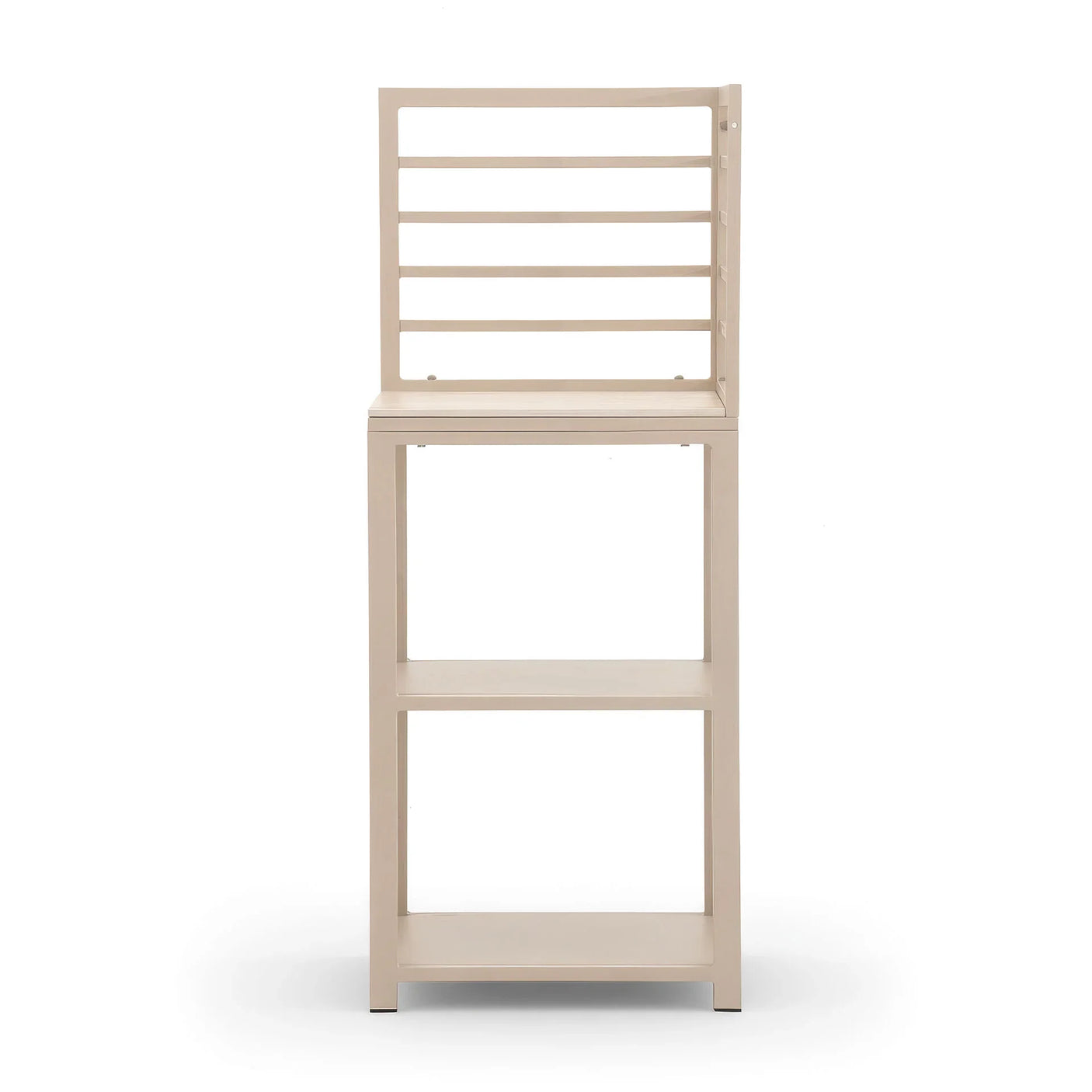 Beige wooden storage unit with slatted top section and two open shelves, front view