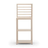 Beige wooden storage unit with slatted top section and two open shelves, front view