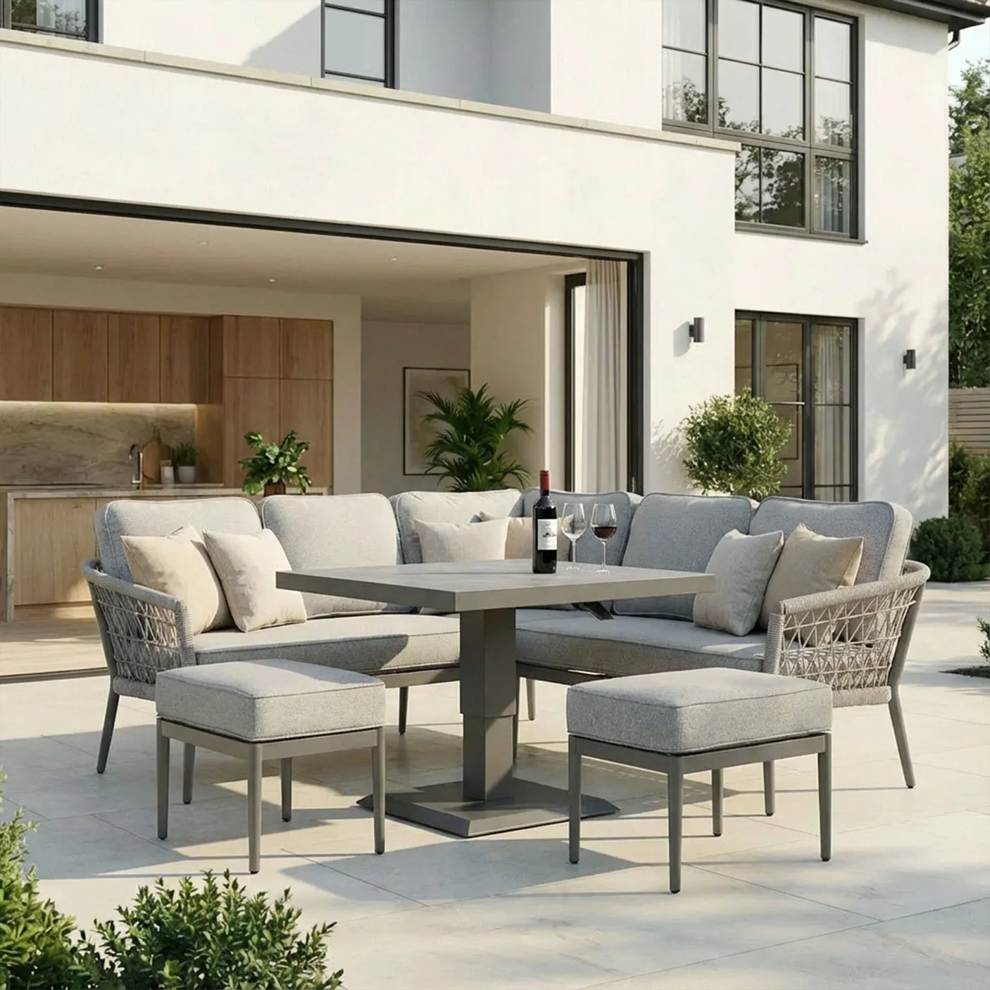 Grey outdoor corner sofa set with cushions, dining table and stools on modern patio