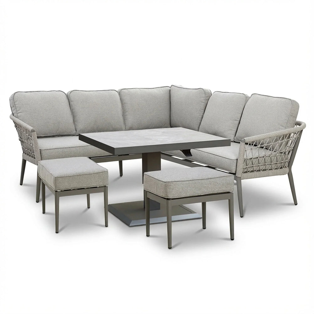 Grey outdoor corner sofa set with cushions, square dining table and two matching stools