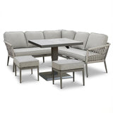 Grey corner garden sofa set with adjustable dining table and matching cushioned stools
