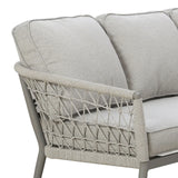 Light grey fabric sofa with rope woven armrest and plush cushions, corner view