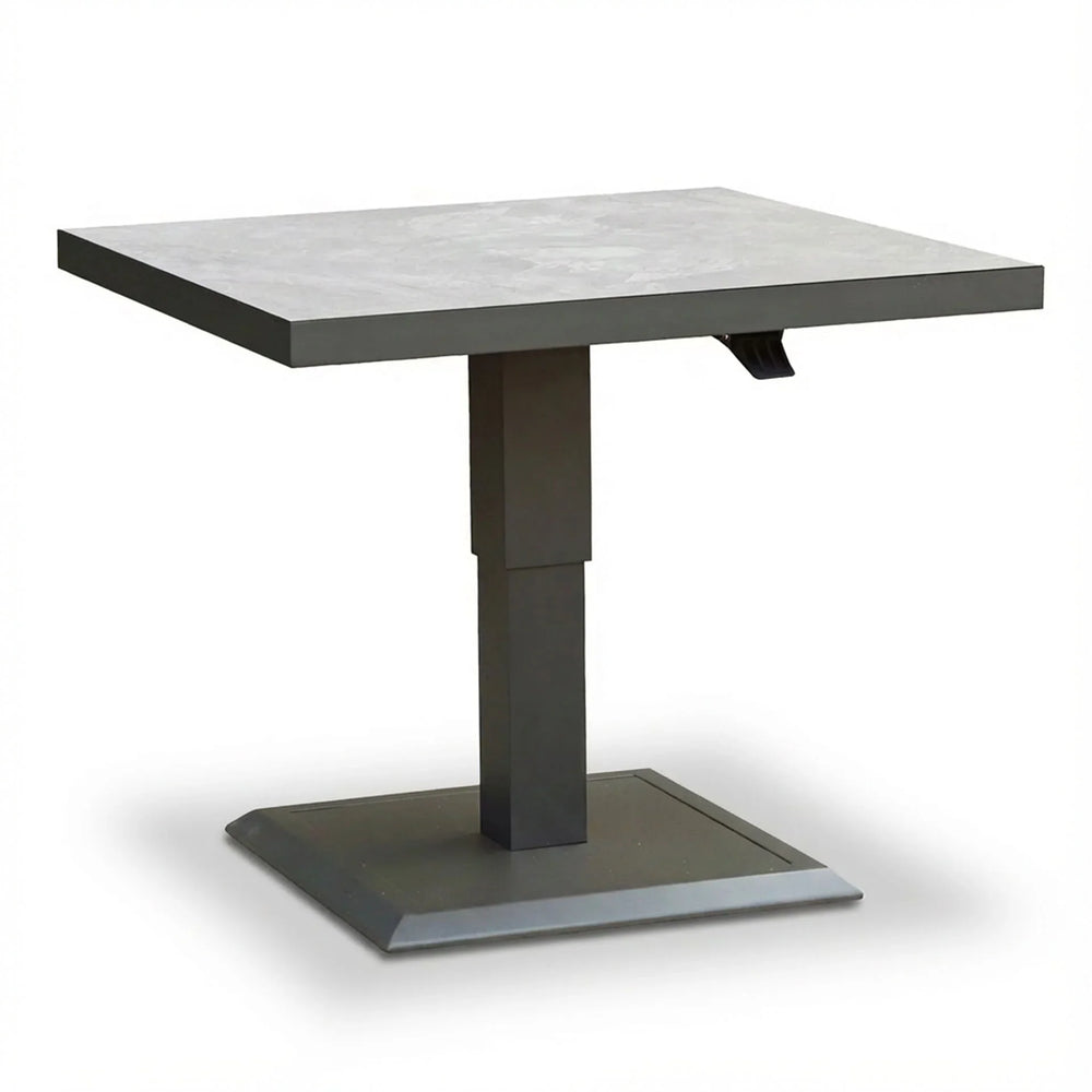 Square height adjustable dining table with stone-effect top and metal base