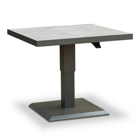 Square height adjustable dining table with stone-effect top and metal base