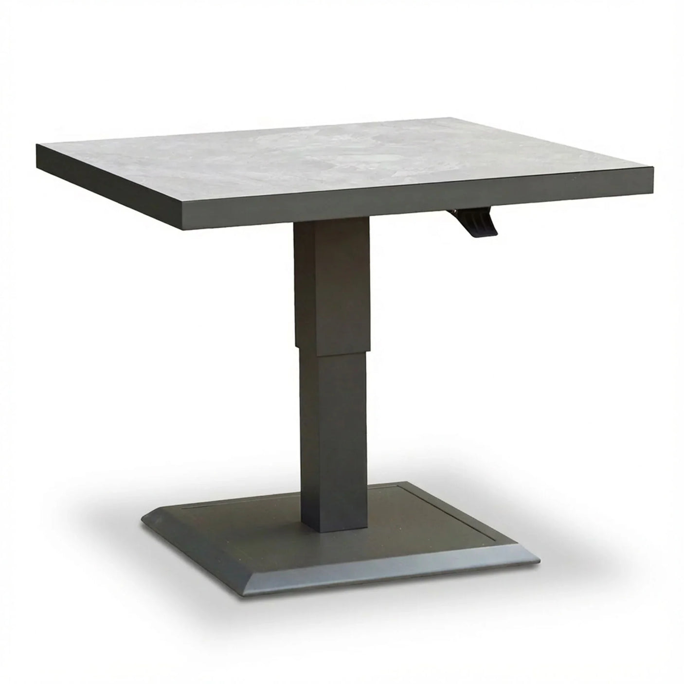 Square height adjustable dining table with stone-effect top and metal base