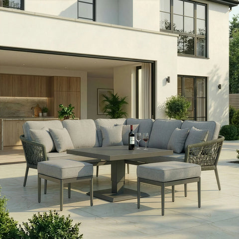 Grey outdoor corner sofa set with matching stools and square dining table on patio