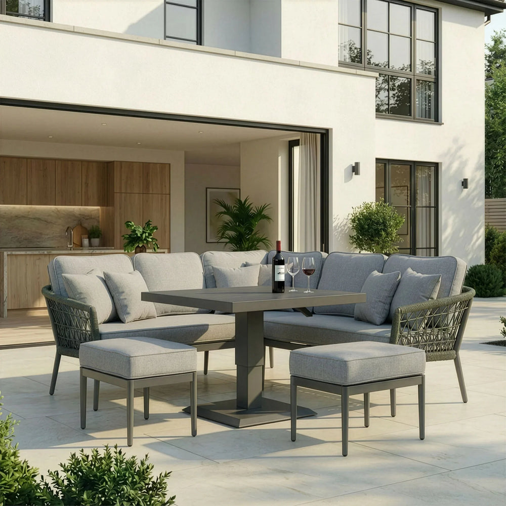Grey outdoor sofa set with cushions and square dining table on modern patio