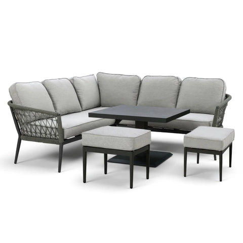 Grey corner garden sofa set with cushioned seats, modern table and matching stools