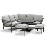 Grey corner garden sofa set with cushioned seats, modern table and matching stools