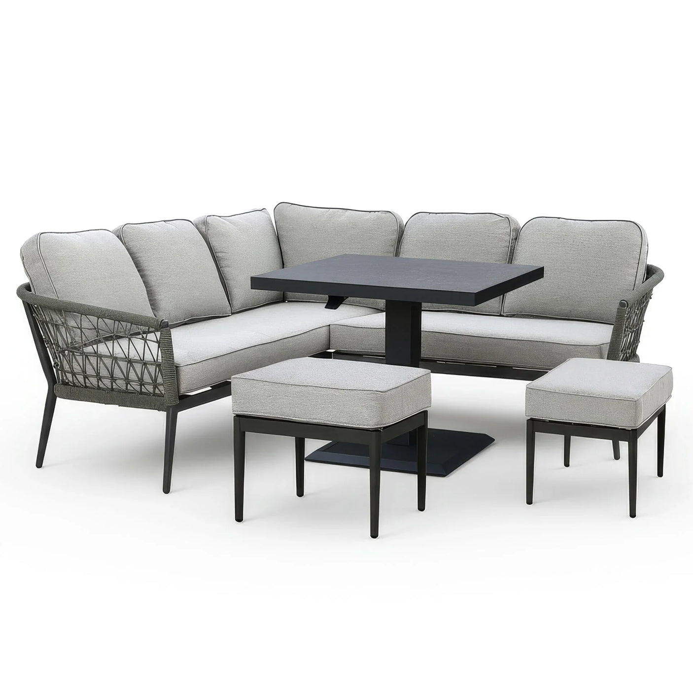 Corner garden sofa set with grey cushions, rectangular dining table and two stools