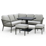 Corner garden sofa set with grey cushions, rectangular dining table and two stools