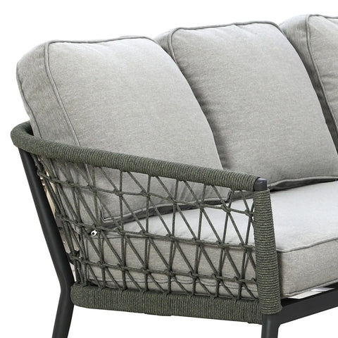 Grey outdoor sofa with rope-woven armrest and metal frame, close-up of cushions and side