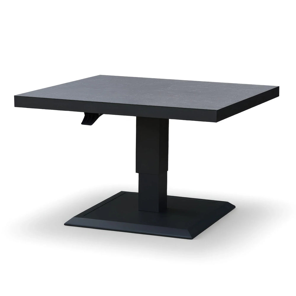 Modern black square dining table with pedestal base and matte finish