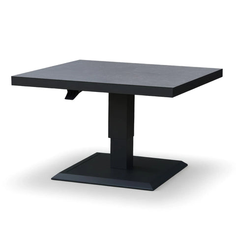Modern black square dining table with pedestal base and matte finish