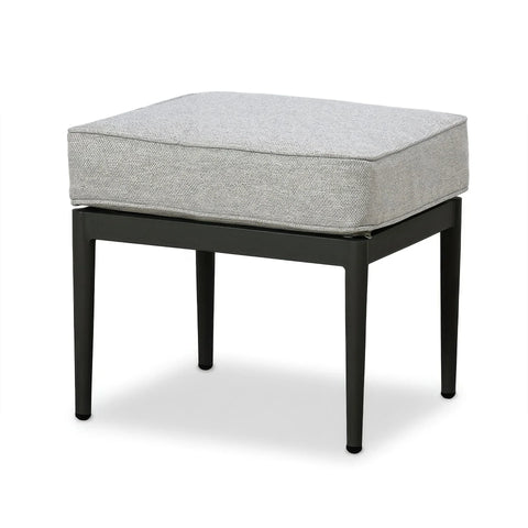 Grey fabric ottoman stool with black metal legs, angled front view