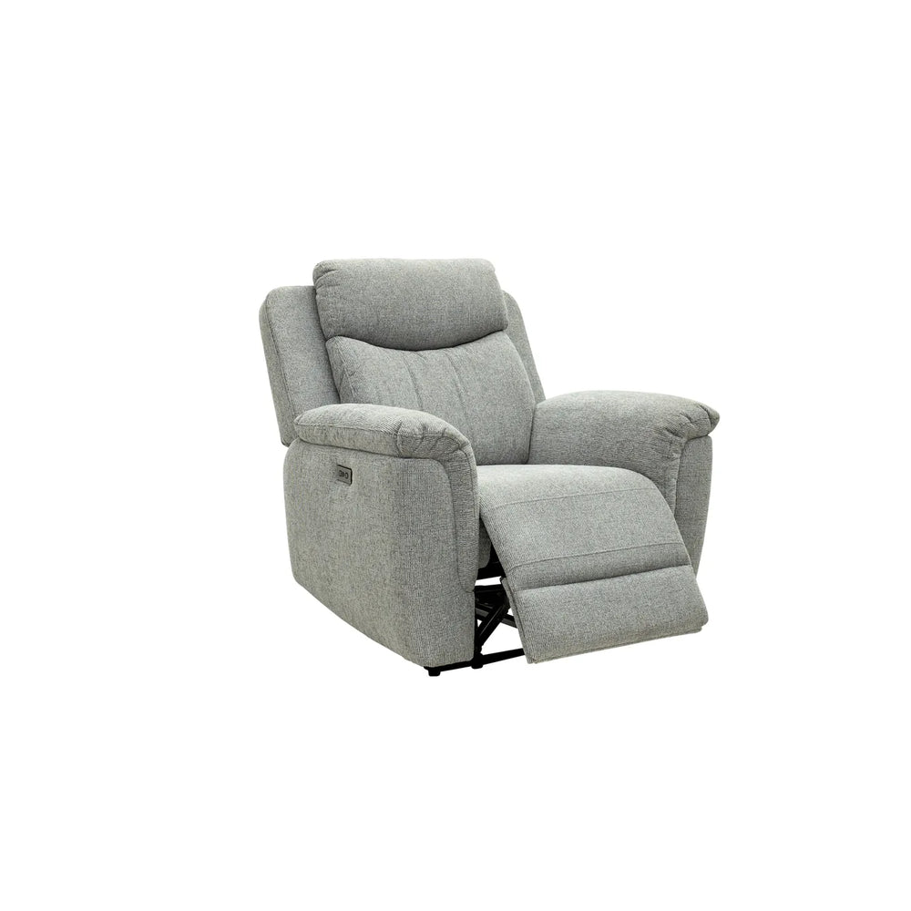 A light gray upholstered recliner chair shown in a partially extended position on a plain white background.