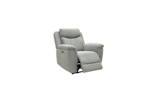 A light gray upholstered recliner chair shown in a partially extended position on a plain white background.