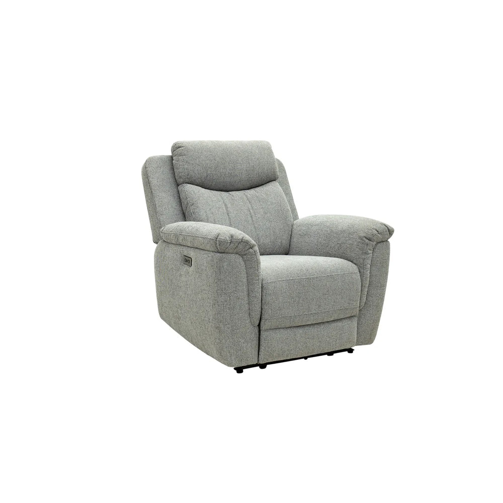A light gray upholstered recliner chair with a high back and wide armrests, shown on a plain white background.