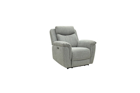 A light gray upholstered recliner chair with a high back and wide armrests, shown on a plain white background.