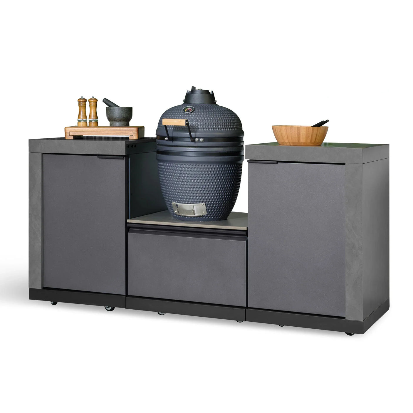 Outdoor kitchen island with ceramic charcoal grill, side cabinets, and wooden accessories