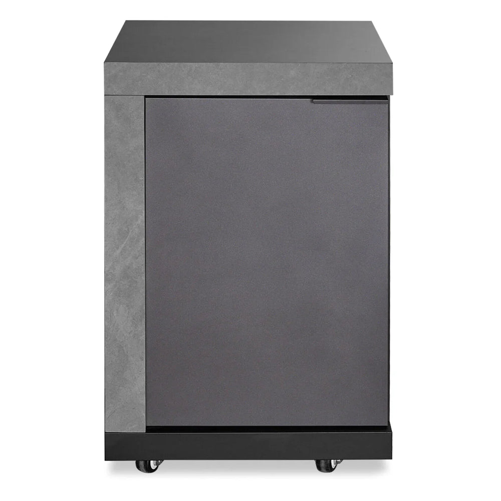 Modern grey bedside cabinet with single door and castor wheels, front view