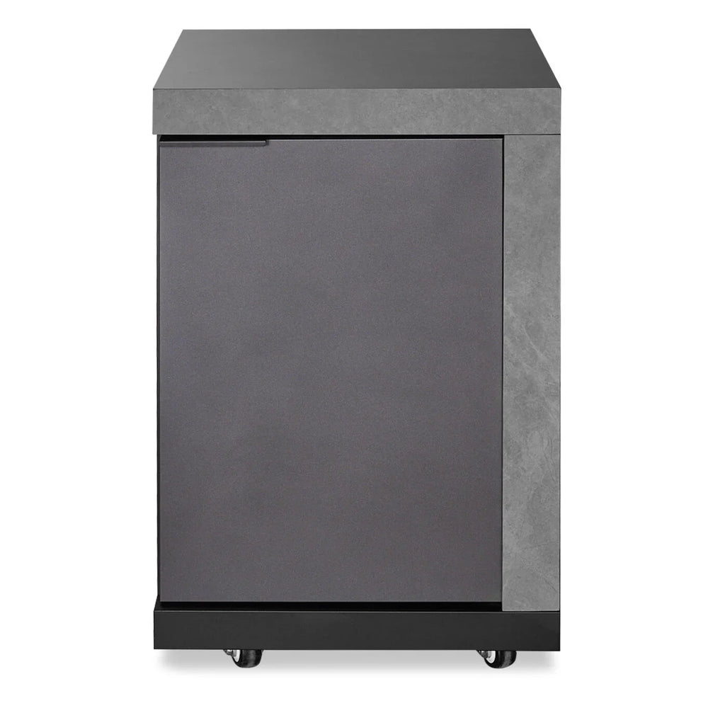 Modern grey side cabinet with single door on castor wheels, matte finish